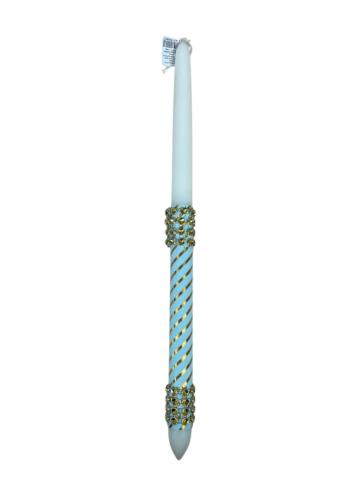 Bougie de Pâques décorée de tissu bleu et doré avec strass dorés – Lambada 42 cm