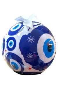 Boule de Noël grecque blanche et bleue avec l'œil 7 cm