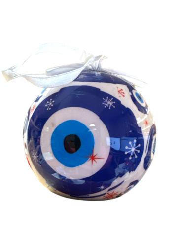 Boule de Noël grecque blanche et bleue avec l'œil 7 cm