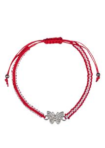 Bracelet tress rouge-blanc avec un papillon argent ajustable - Martaki