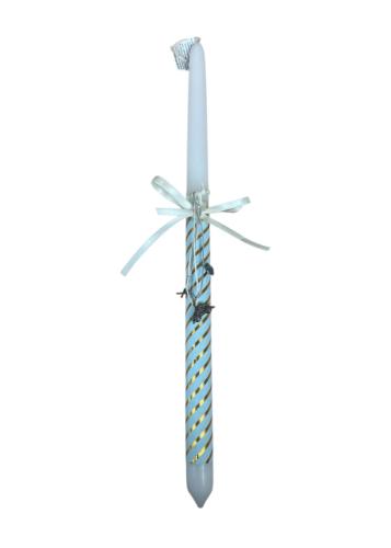 Bougie de Pâques décorée de tissu bleu et doré et protections sacrées  - Lambada 42 cm