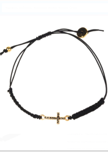 Bracelet grec ajustable en cordon tress noire et croix en strass noirs